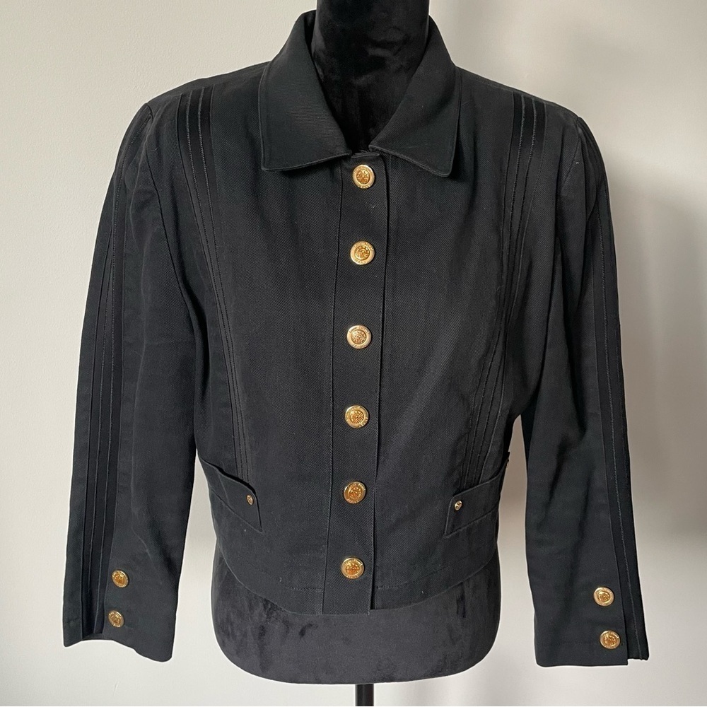 Louis Feraud Black Denim Cotton Racer Stripe Cropped Jean Jacket EUC Size 10